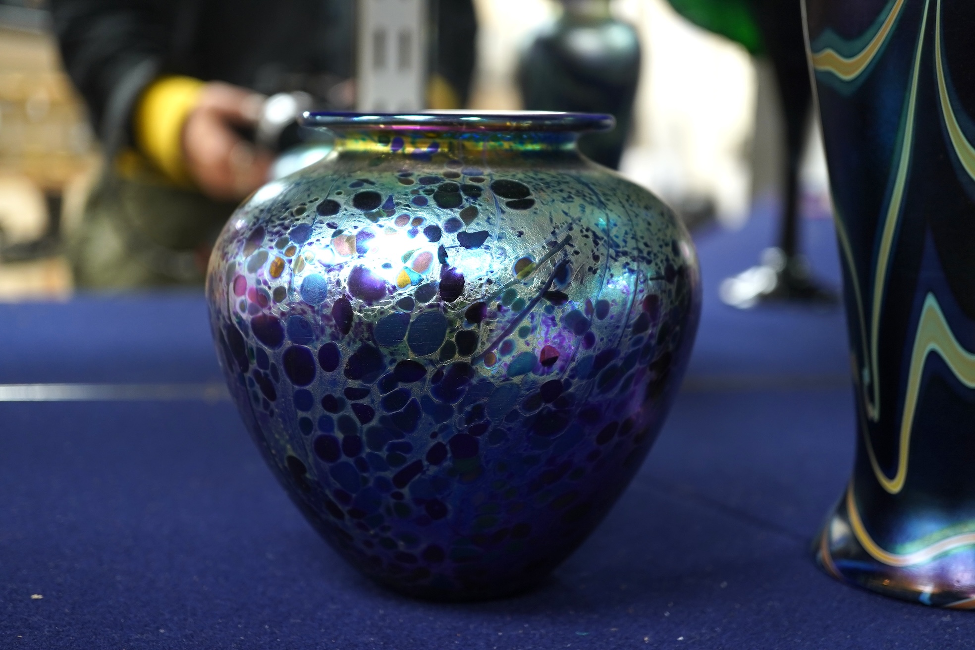 An Isle of Wight iridescent glass vase, Richard Golding Okra Luxor vase and Jack in Pulpit the box vase (3) tallest 38.5cm